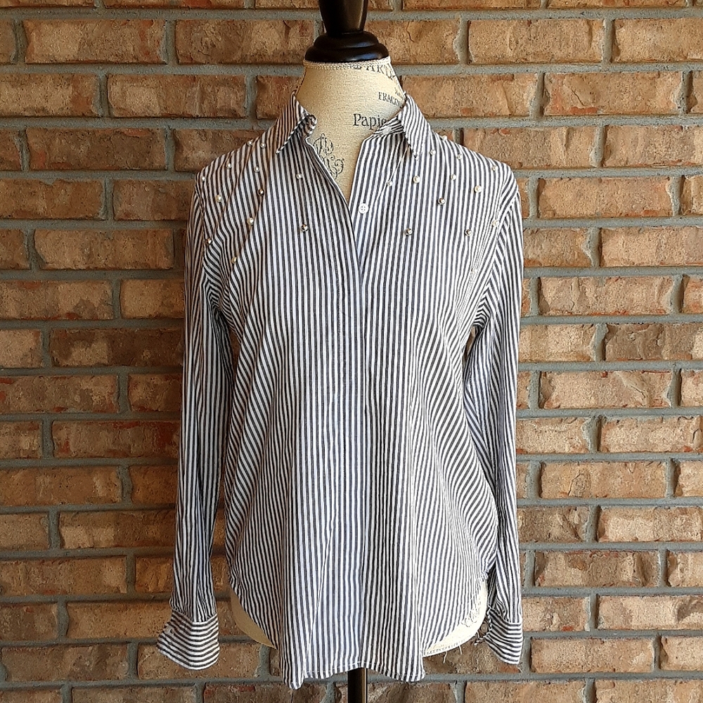 Rails Taylor Florence Stripe Button Down  Cotton Blend Shirt with Faux P…